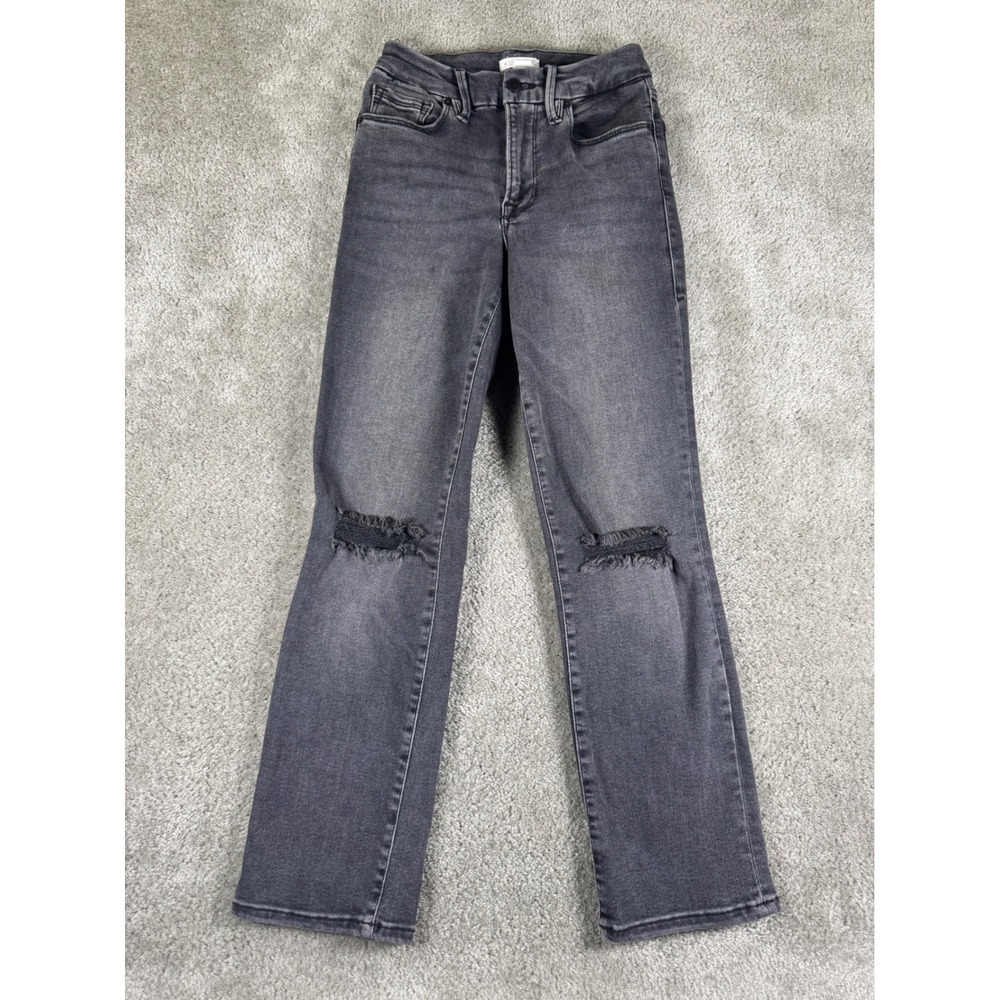 Good American Good Straight Jeans Black Distressed Knee GAFST213T Size 00-4
